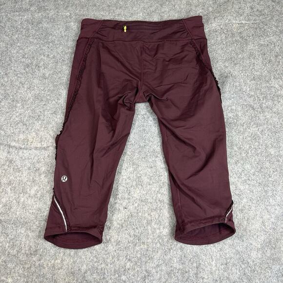 Lululemon Leggings 6 Run Fast Free Crop Ruffle Tonka Stripe Maroon - Picture 9 of 9